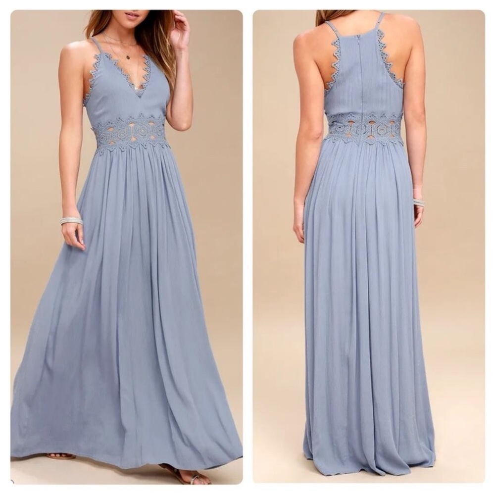 Lulu's Dusty Blue Crochet-Accent Maxi Dress